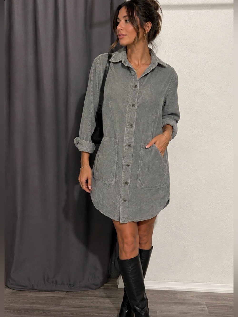 GAP Gray Button-Front Shirt Dress with Patch Pockets